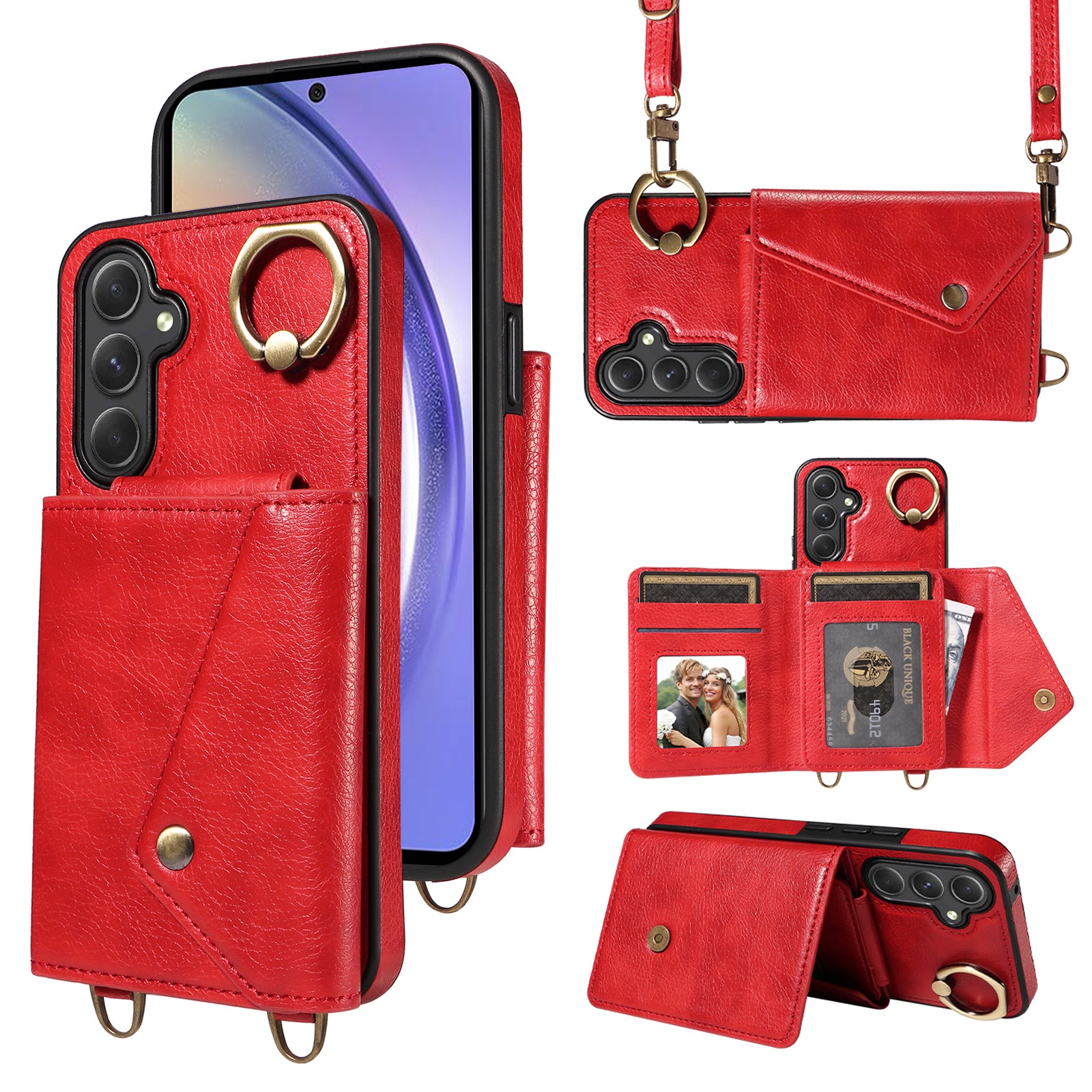 002 Anti-drop Shell for Samsung Galaxy A54 5G Ring Kickstand Card Bag Litchi Texture Leather TPU Phone Case with Shoulder Strap 002 Anti-drop Shell for Samsung Galaxy A54 5G Ring Kickstand Card Bag Litchi Texture Leather TPU Phone Case with Shoulder Strap